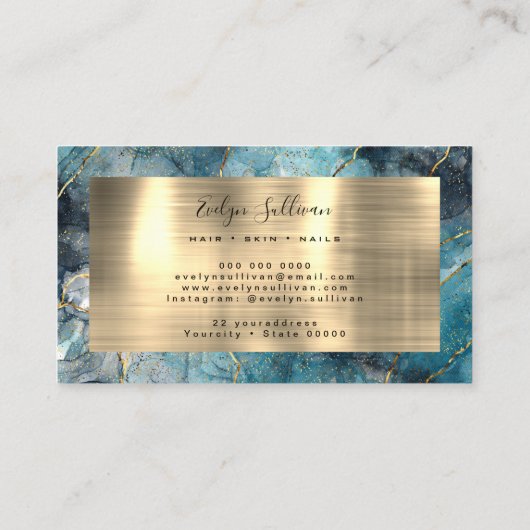turquoise bleu Aquarelle Gold Veins Carte de visit (Dos)