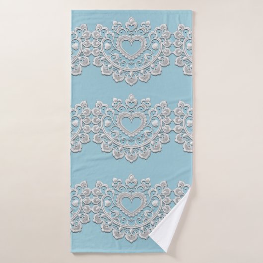 Turquoise Bleu Blanc dentelle Coeur Mariage (Serviette de bain)