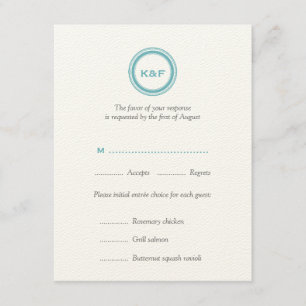 Turquoise bleu initiales mariage carte de réponse