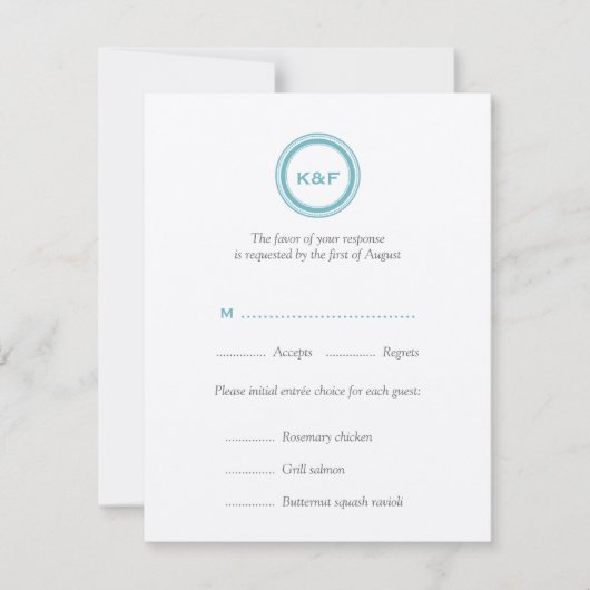 Turquoise bleu initiales mariage carte de réponse (Devant)