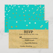 Turquoise Bleu & Or Confetti Pailleté Points RSVP (Devant / Derrière)