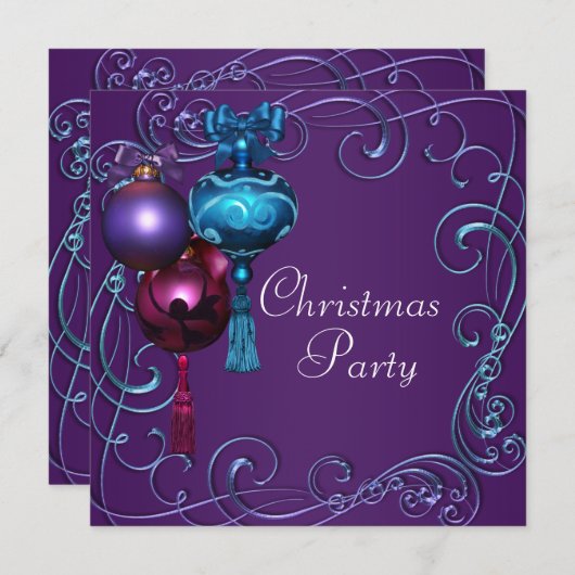 Turquoise Bleu pourpre Noël Invitations (Devant / Derrière)