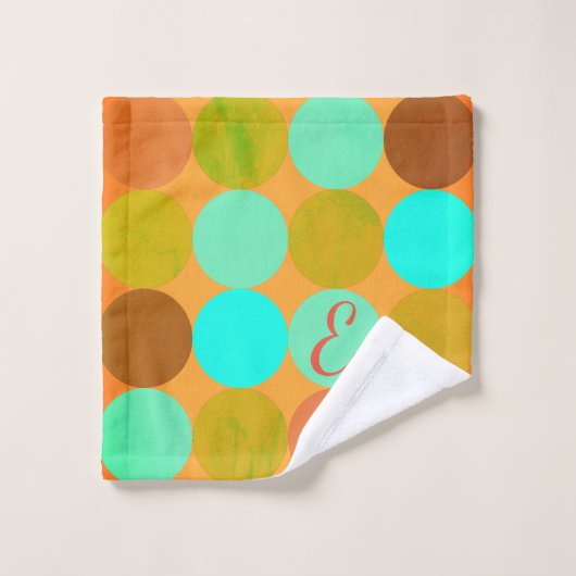 Turquoise Bleu Vert & Cercles Orange Monogramme (Gant de toilette)
