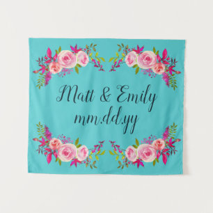 Turquoise Bloemen Bruiloft Achtergrond Foto Booth Wandkleed