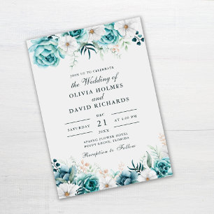 Turquoise Bloemen Bruiloft Uitnodiging Botanisch