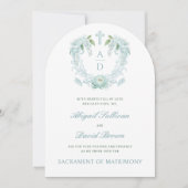 Turquoise Bloemen Crest Monogrammen Katholieke Tro Kaart (Voorkant)