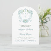 Turquoise Bloemen Crest Monogrammen Katholieke Tro Kaart (Staand voorkant)