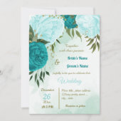 turquoise bloemen groene bladeren bruiloft kaart (Voorkant)
