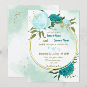 turquoise bloemen groene bladeren bruiloft kaart