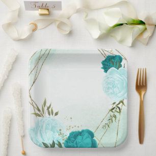 turquoise bloemen groene bladeren bruiloft papieren bordje