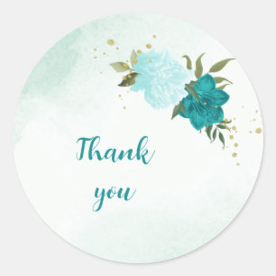 turquoise bloemen groene bladeren bruiloft ronde sticker