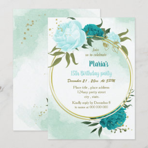 Turquoise bloemen groene bladeren verjaardag kaart