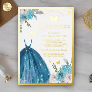 Turquoise Bloemen Jurk Vlinder Quinceanera Goud Folie Uitnodiging