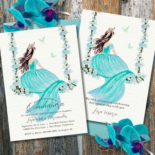 Turquoise Bloemen Waterverf Quinceañera Uitnodigin Kaart