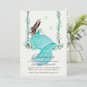 Turquoise Bloemen Waterverf Quinceañera Uitnodigin Kaart (Staand voorkant)