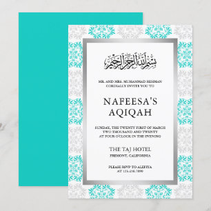 Turquoise Bloemendamask Islamitische Aqiqah-ceremo Kaart