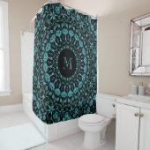 Turquoise Bloemendecor Monogram Douchegordijn (In situ)