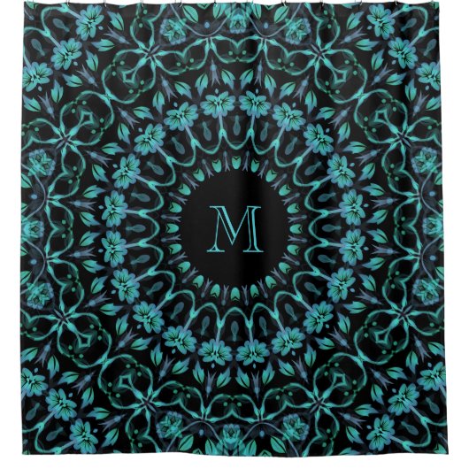 Turquoise Bloemendecor Monogram Douchegordijn (Voorkant)