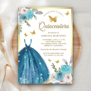 Turquoise Bloemenjurk Vlinder Goud Quinceanera Kaart