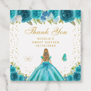 Turquoise Bloemige Blond Haar Prinses Sweet Sixtee Bedankjes Labels