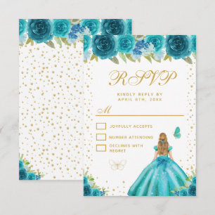 Turquoise Bloemige Blond Haar Prinses Sweet Sixtee RSVP Kaartje