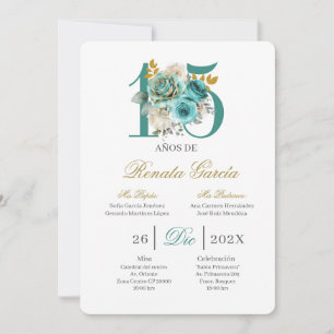 Turquoise bloemige quinceañera uitnodiging