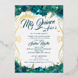 Turquoise Bloemige Scroll Mis Quince Quinceanera  Folie Uitnodiging