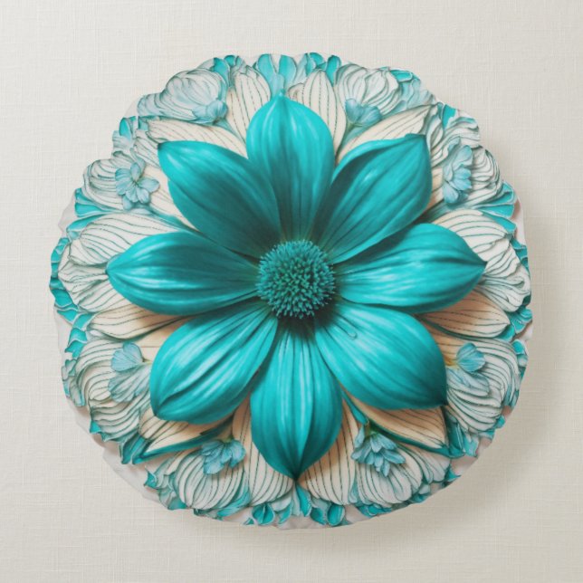 Turquoise Bloom Ronde Bloemen Charm Rond Kussen (Voorkant)