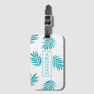 Turquoise-blu tropische palmbladeren patroon bagagelabel