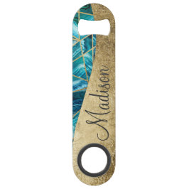 Turquoise Blue Agate Black Gold Geometric Monogram Speed Flessenopener