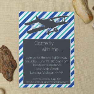 Turquoise Blue Airplane Birthday Invite Kaart