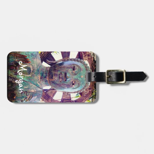 Turquoise Blue Antiek Buddha Custom Name Script Bagagelabel (Voorkant horizontaal)