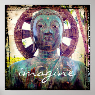 Turquoise Blue Antiek Buddha Foto Imagine Script Poster