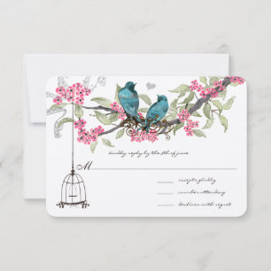 Turquoise Blue Birds Pink Cherry Blossom Birdcage RSVP Kaartje