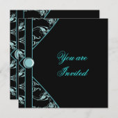 Turquoise Blue Black Damask Party Invitation Modèl (Devant / Derrière)