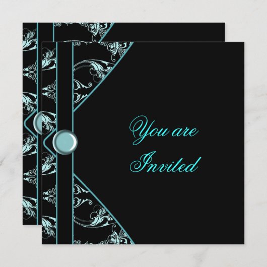 Turquoise Blue Black Damask Party Invitation Modèl (Devant / Derrière)