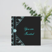 Turquoise Blue Black Damask Party Invitation Modèl (Debout devant)