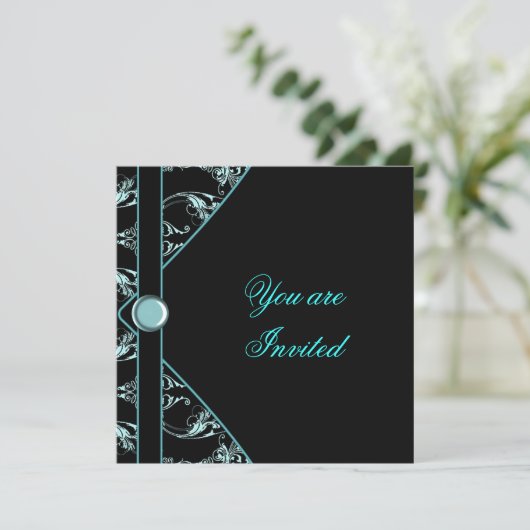 Turquoise Blue Black Damask Party Invitation Modèl (Debout devant)