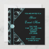 Turquoise Blue Black Damask Party Invitation Modèl (Dos)