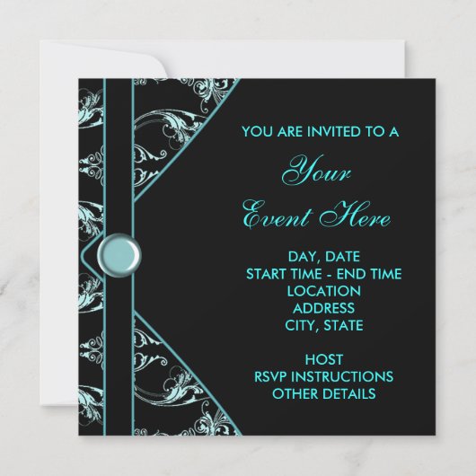Turquoise Blue Black Damask Party Invitation Modèl (Dos)