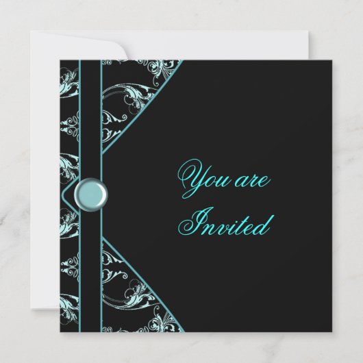 Turquoise Blue Black Damask Party Invitation Modèl (Devant)