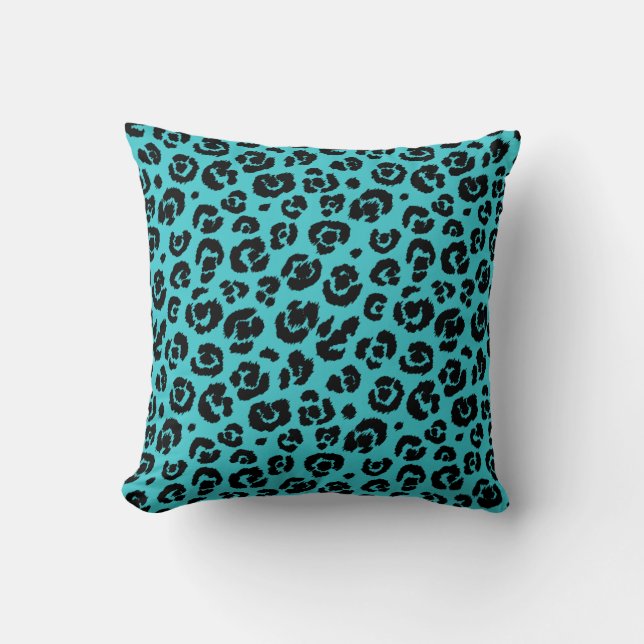Turquoise Blue Black Leopard Print Kussen (Voorkant)