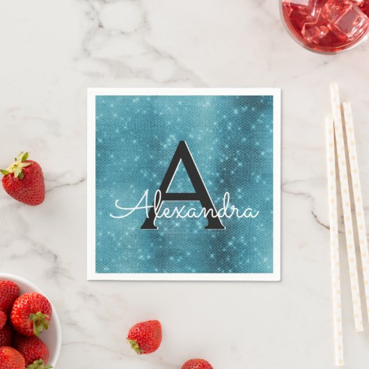 Turquoise Blue Blauwgroen Sparkle Monogram Verjaar Servetten (Insitu)
