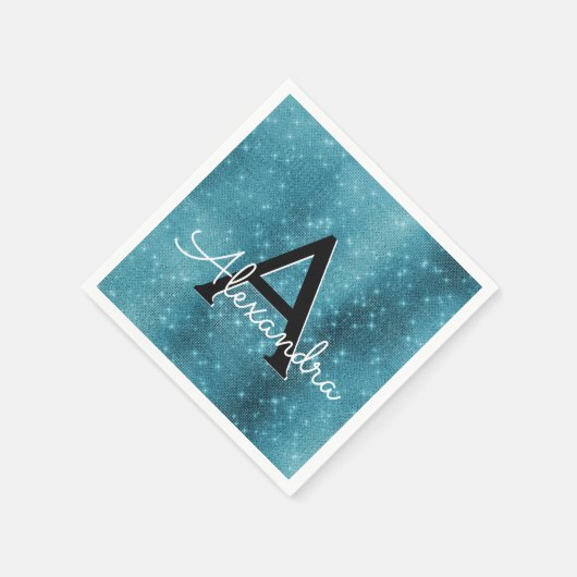 Turquoise Blue Blauwgroen Sparkle Monogram Verjaar Servetten (Hoek)