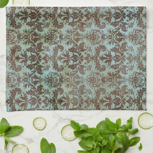Turquoise Blue Brown Damask Pattern Theedoek (Gevouwen)
