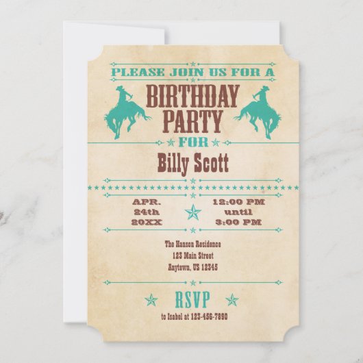 Turquoise Blue  Cowboy Birthday Uitnodiging (Voorkant)