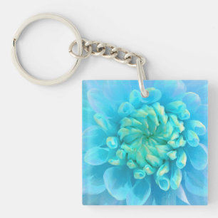 Turquoise Blue Dahlia Flower in Waterverf Sleutelhanger