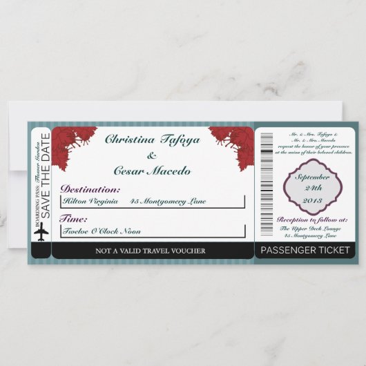 Turquoise Blue Damask / Faire-part de mariage de l (Devant)