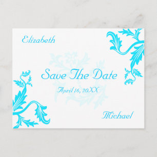 Turquoise Blue Damask Leaf Print Bewaar de datum Aankondigingskaart