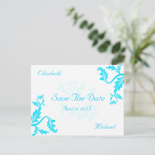 Turquoise Blue Damask Leaf Print Bewaar de datum Aankondigingskaart (Staand voorkant)